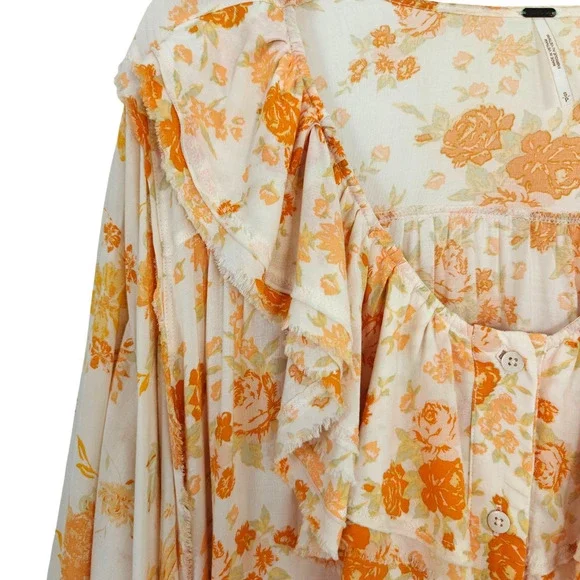 Free People Floral Tunic Top Size Small Ruffles Pockets Feminine Boho Romantic - Picture 4 of 13